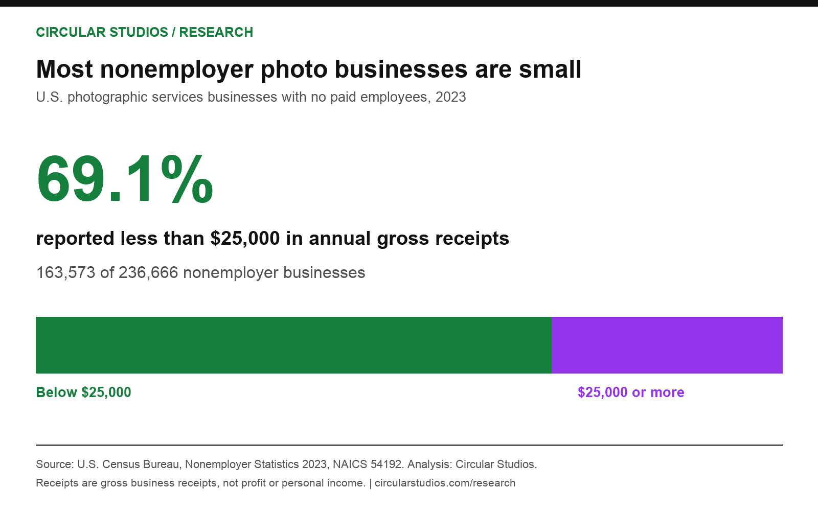 163,573 of 236,666 nonemployer photography businesses, 69.1%, reported less than $25,000 in annual gross receipts in 2023.
